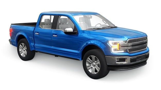 A large blue modern pickup truck with a double cab glowing headlights on a white uniform background 3d rendering