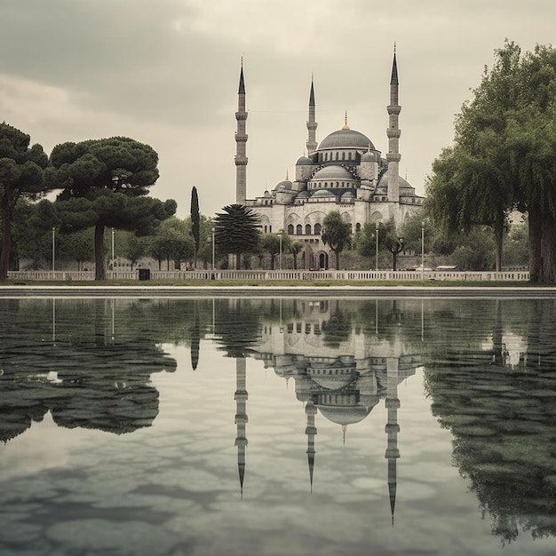 A large blue mosque is reflected in a pool of water.