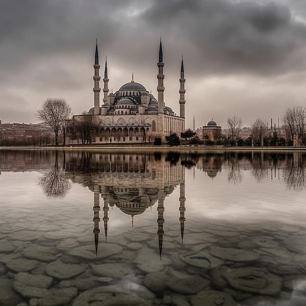 A large blue mosque is reflected in the water.