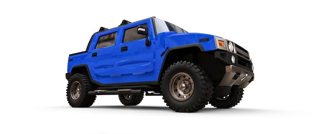 Large blue off-road pickup truck for countryside or expeditions on white isolated background. 3d illustration.