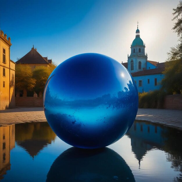 Photo a large blue sphere with a reflection of a building in the background