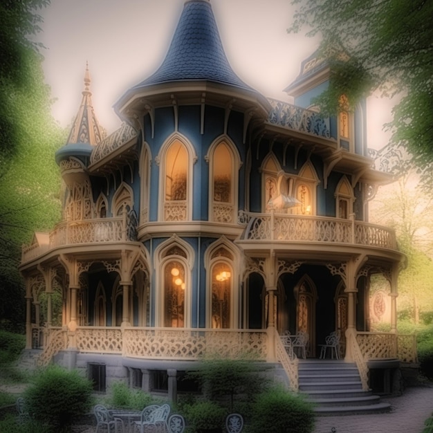 a large blue and white house with a porch on the front.