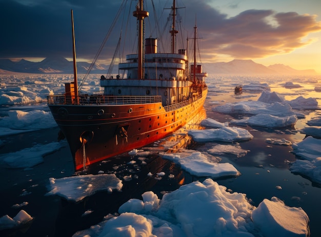 A large boat floating on top of ice covered water Massive boat navigating through icy waters