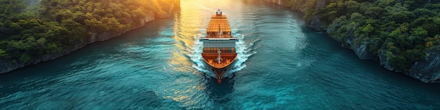 A large boat navigates through a river flanked by towering mountains