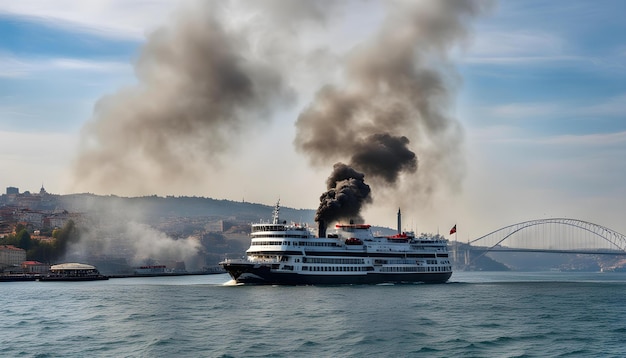 a large boat with smoke coming out of it and the word  smoke  on the side