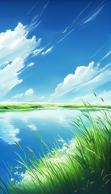 Large body of water next to a lush green field generative ai