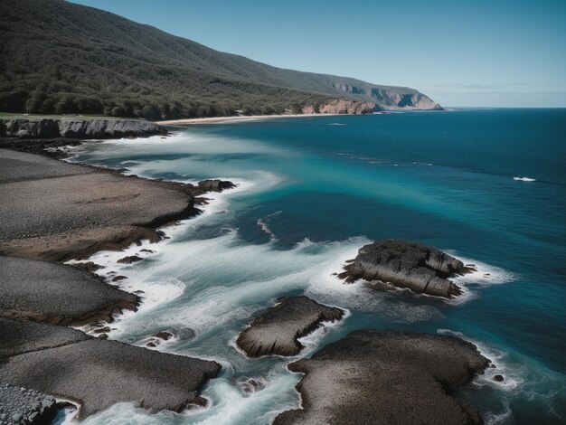 Photo a large body of water next to a rocky shore color aerial photo drone ocean and rock landscape