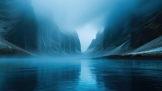 A large body of water surrounded by mountains and fog ai