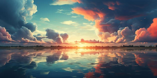 A large body of water with clouds in the sky