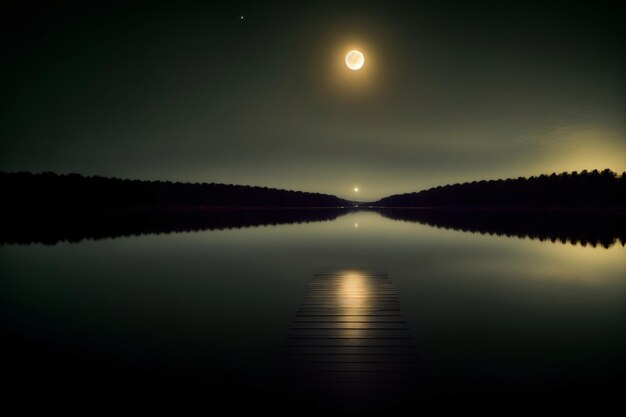 A Large Body Of Water With A Full Moon In The Sky