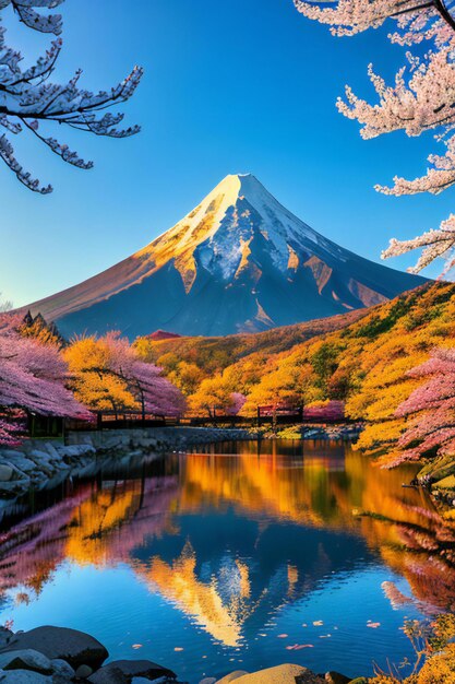 Foto un grande corpo d'acqua con una montagna sullo sfondo