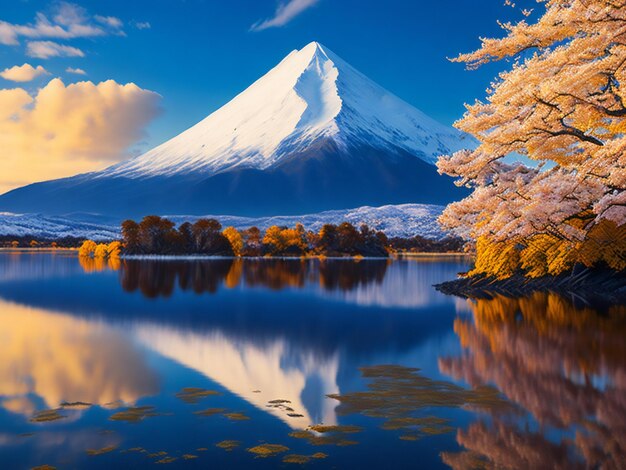 A large body of water with a mountain in the background