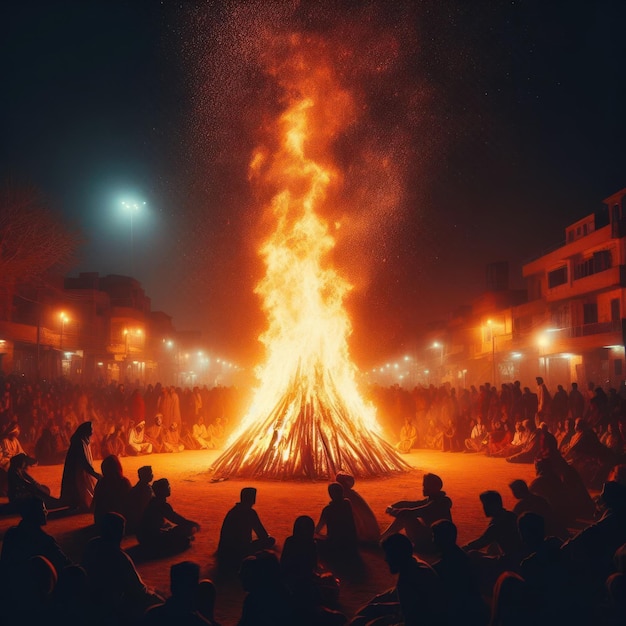 Photo a large bonfire with people sitting around it fire