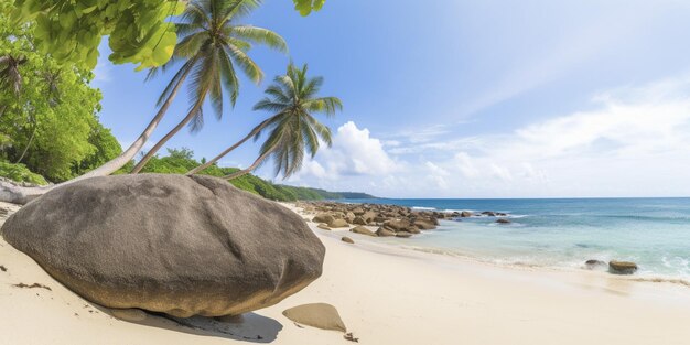 A large boulder sits on a beach in the caribbean.