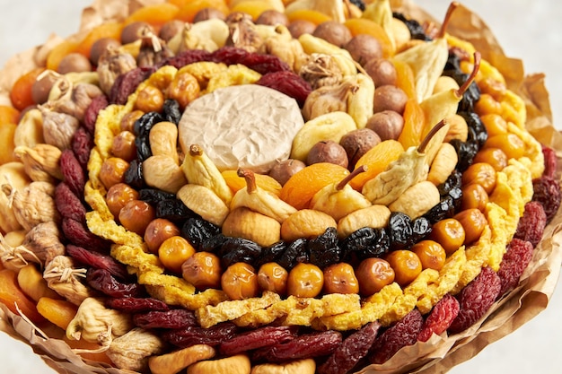 A large bouquet consisting of delicious and healthy dried fruits Closeup