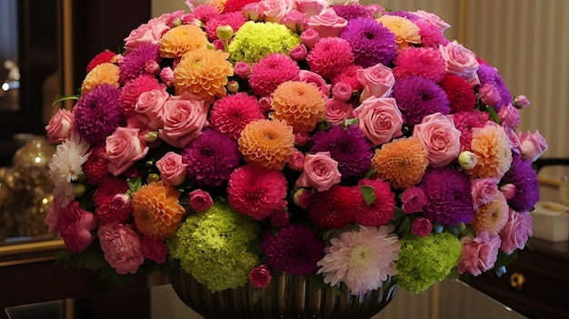 A large bouquet of flowers is displayed in a vase.