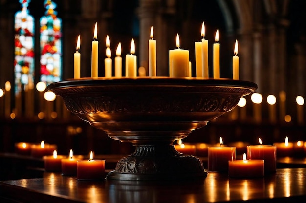 a large bowl of candles with a church in the background