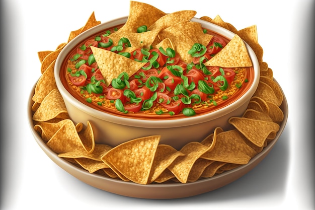 A large bowl of corn tortilla chips with tomato salsa