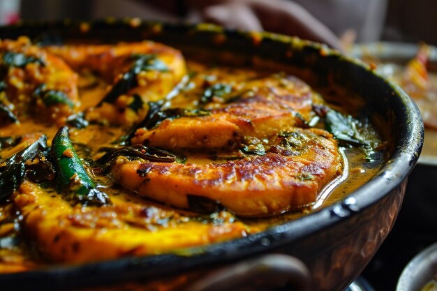 Photo a large bowl of food with fish and vegetables