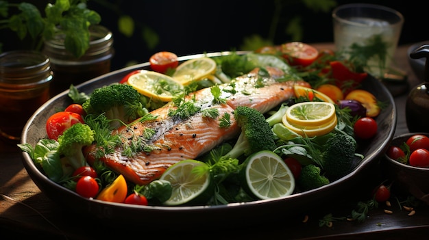 a large bowl of food with fish and vegetables