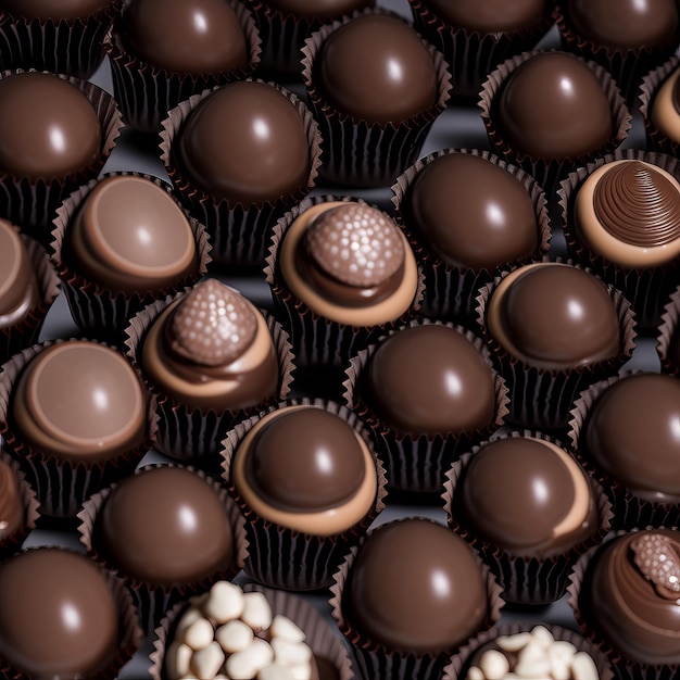 A large box of chocolates with white and brown decorations