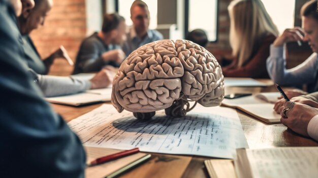 Photo a large brain at the table of people working on documents