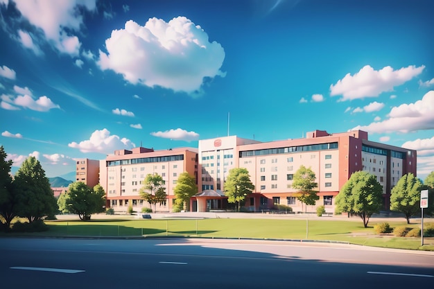 A large brick building with a blue sky and trees in front of it.