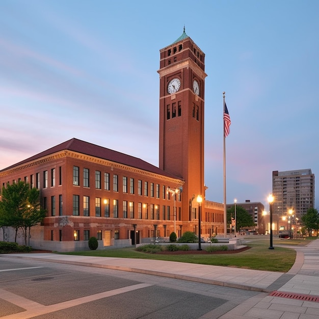 A large brick building with a clock tower and a flag on the top.