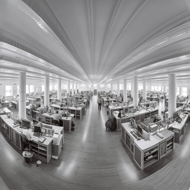 Large bright office many tables and computers black and white panoramic photo