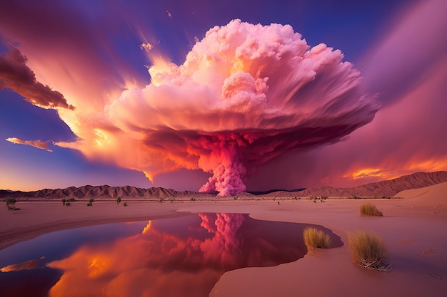 Large bright pink sunset cloud over sand dunes of desert lake in the desert