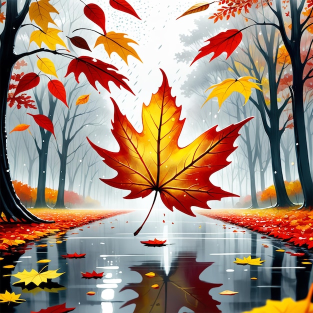 a large bright shiny autumn leaf flying in the air clearly drawn in the foreground sharp focus