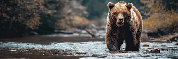大きな茶色いクマが夏に森の川の水で魚を捕まえる パノラマ的な自然風景