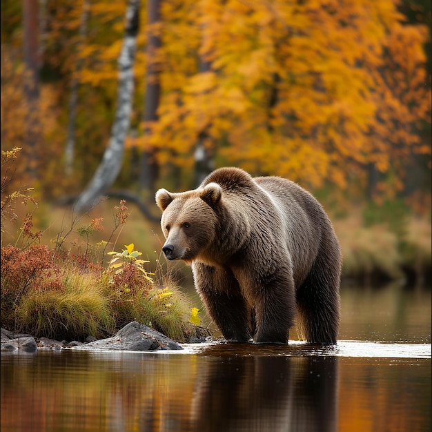 Foto un grande orso marrone che pesca in un fiume della foresta durante l'autunno