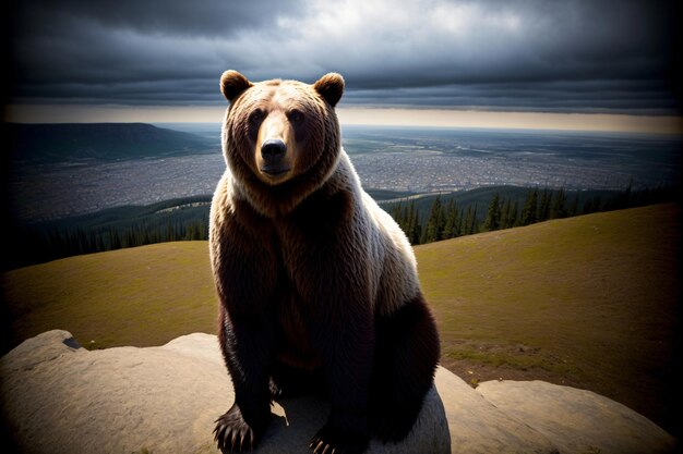 A Large Brown Bear Sitting On Top Of A Rock