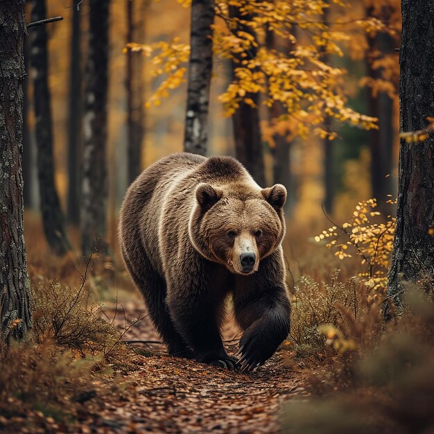 Foto un grande orso marrone che passeggia attraverso una foresta d'autunno