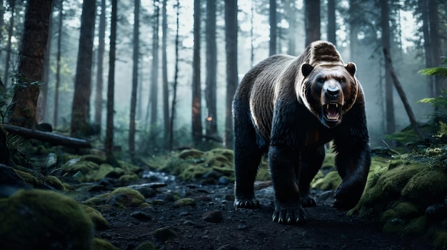 Large Brown Bear Walking Through Forest