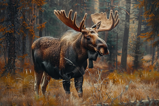 A large brown and black moose is standing in a field of grass