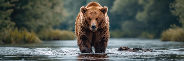 large brown grizzly bear catch fish in forest river in nature Panoramic landscape