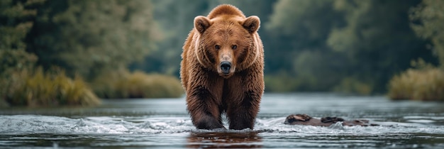 大きな茶色のグリズリークマが森の川で魚を捕まえる 自然のパノラマ風景