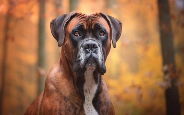 A large brown and white dog standing in a forest AI