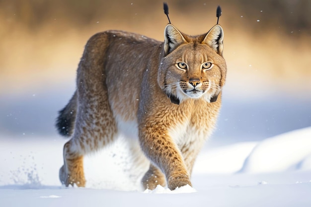 Large brown wild cat in form of bobcat walking through thick snow generative ai