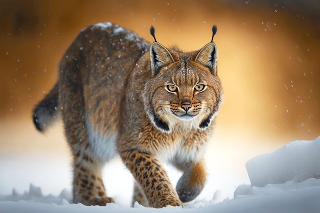 Large brown wild cat in form of bobcat walking through thick snow generative ai