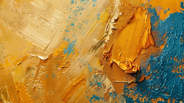 Большая масляная картина абстрактных элементов, таких как оранжевый, золотой, синий и золотой элементы.