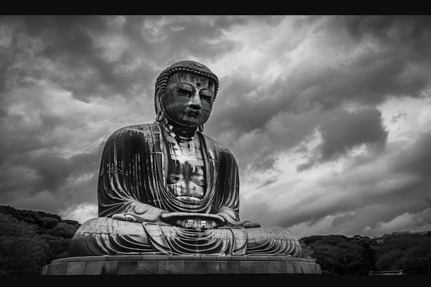 A large buddha statue sitting under a cloudy sky