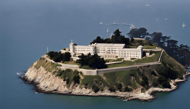 Photo a large building sits on a cliff overlooking the ocean