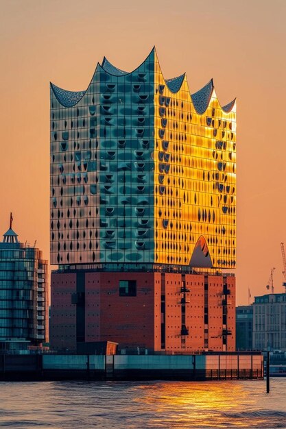 Photo a large building sitting next to a body of water