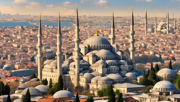 a large building with a blue dome and a large building in the middle