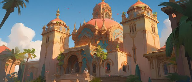 Photo a large building with a clock tower and a palm tree