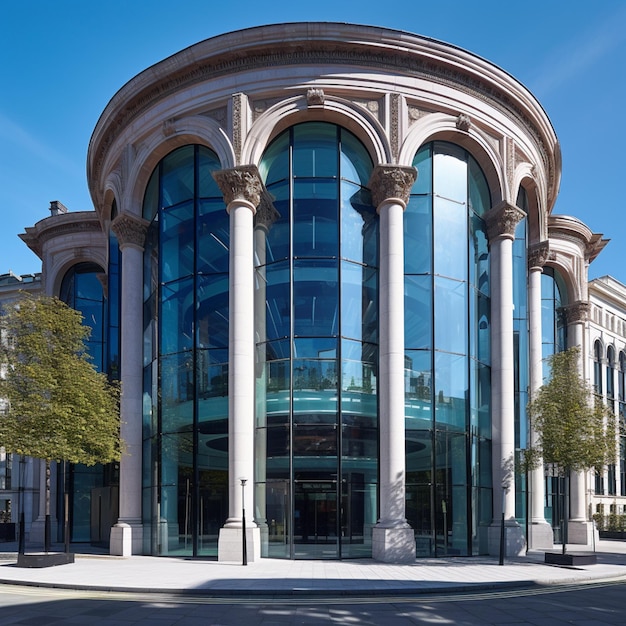 A large building with columns and a large glass front.