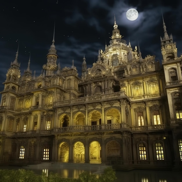 A large building with a full moon in the background